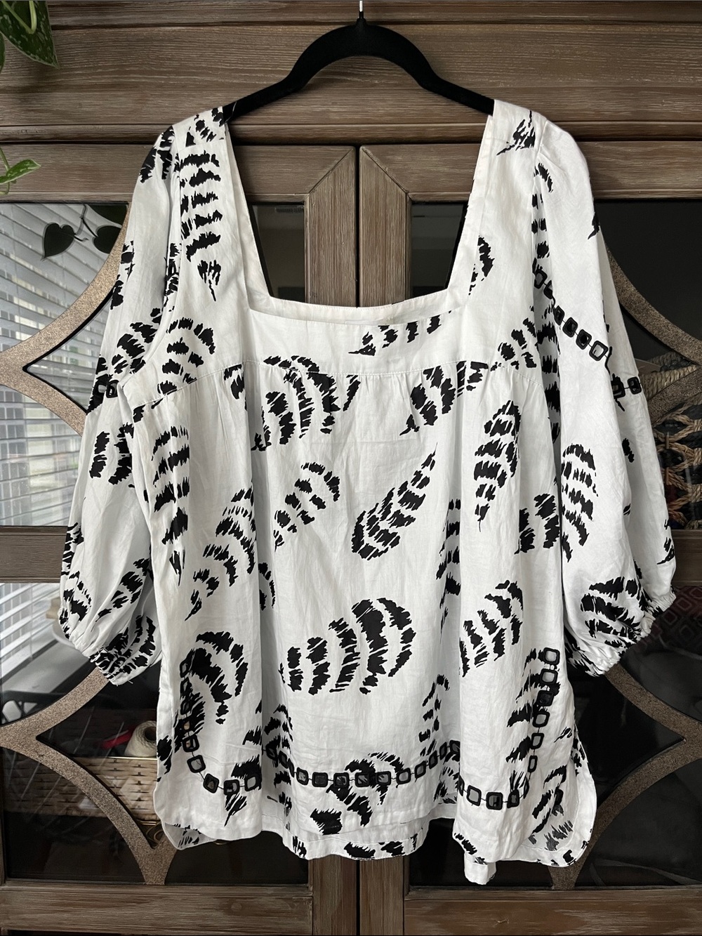 Anthropologie White Top with Black Abstract Print